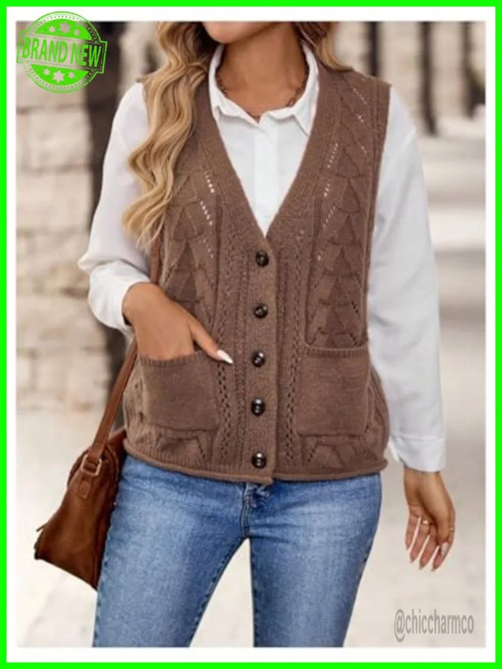 Women's Sleeveless Button Down Knitted Vest Cardigan with Pockets